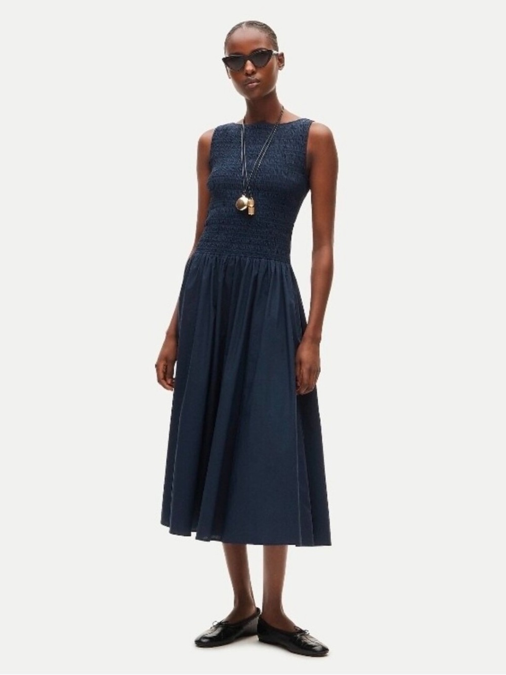 Nwt J. Crew Lina Smocked Sleeveless Midi Dress in Navy Blue Size Small